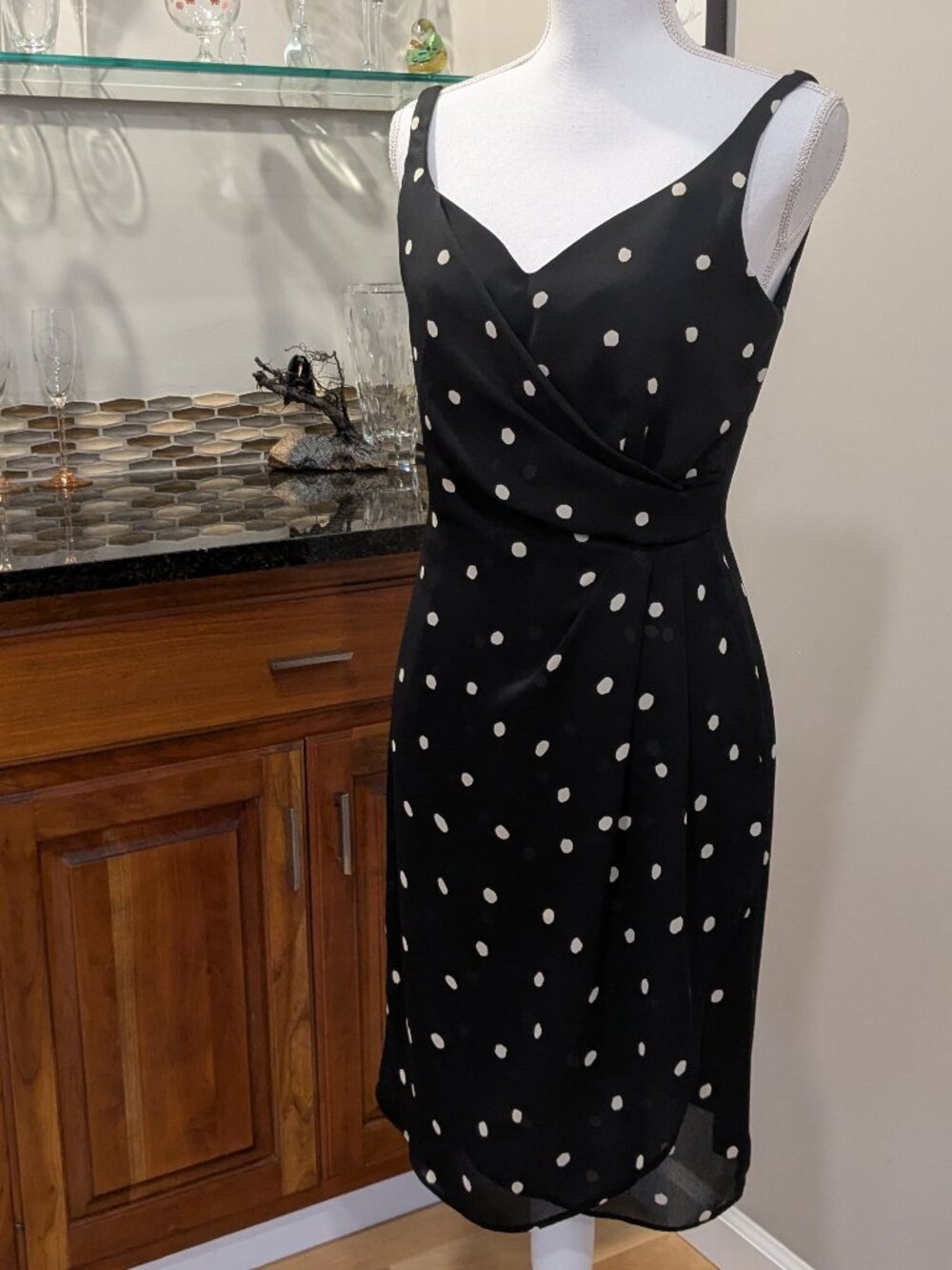 David Warren New York Black & White Polka Dot Faux Wrap Dress | Size 6